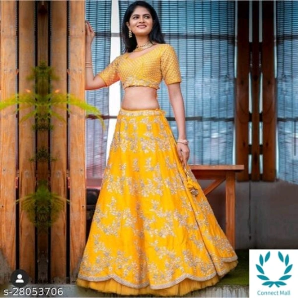 Semi Stiched Lehega Choli - Free Size, Yellow, Satain, Dupatta Fabric: Net, Embroiderd, Multipack :1